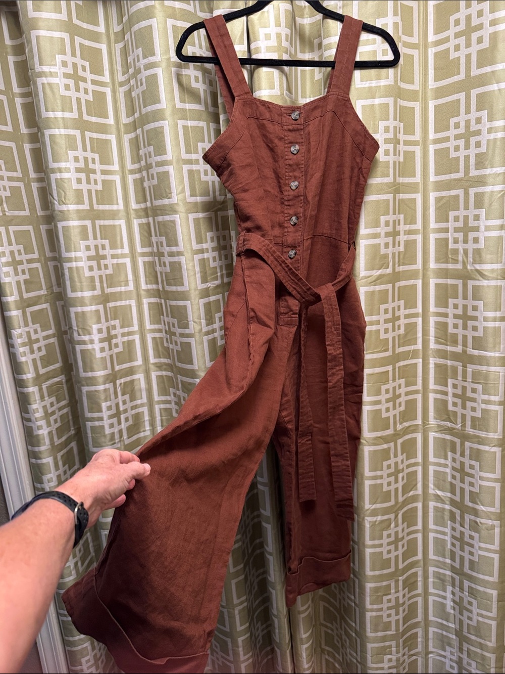 Women’s Rust-Brown Linen Blend Jumpsuit with Waist Tie